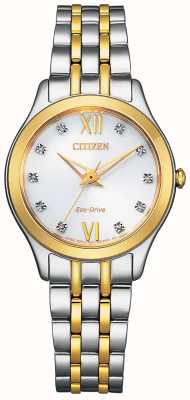Citizen Women's Silhouette Diamond Eco-Drive White Dial Two-Tone Stainless Steel Bracelet EM1014-50A