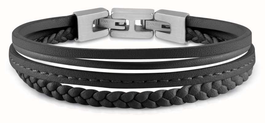 Guess Men's Steel Leather Multi Strap Black Bracelet JUMB01345JWSTBKT/U