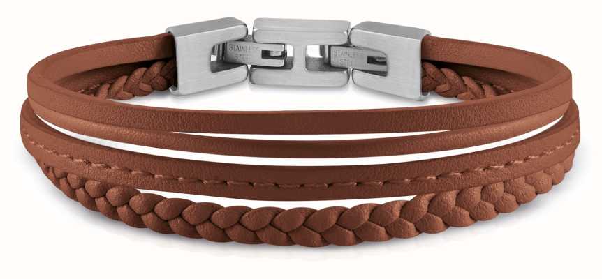 Guess Men's Steel Leather Multi Strap Cognac Brown Bracelet JUMB01345JWSTCGT/U