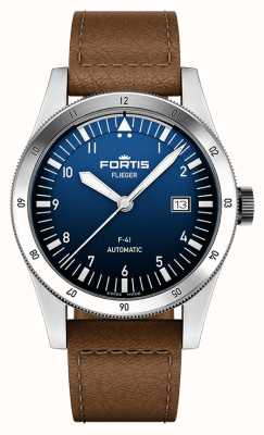 FORTIS Flieger F-41 Automatic Liberty Blue (41mm) Teak Brown Leather Aviator Strap F4220025