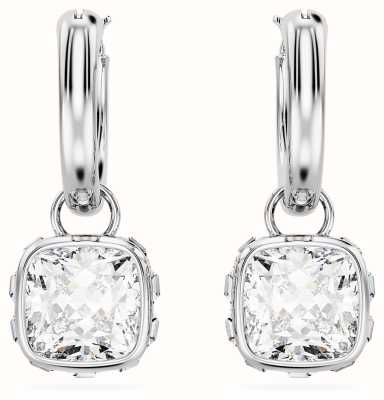 Swarovski Stilla Drop Hoop Earrings Rhodium Plated Square Cut White Crystal 5662919
