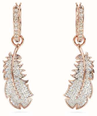 Swarovski Nice Feather Drop Hoop Earrings Rose Gold-Tone Plated White Crystals 5663486