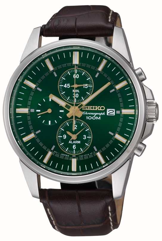 Seiko Men's Stainless Steel Green Dial Brown Leather Alarm Chrono SNAF09P1  - First Class Watches™ CAN