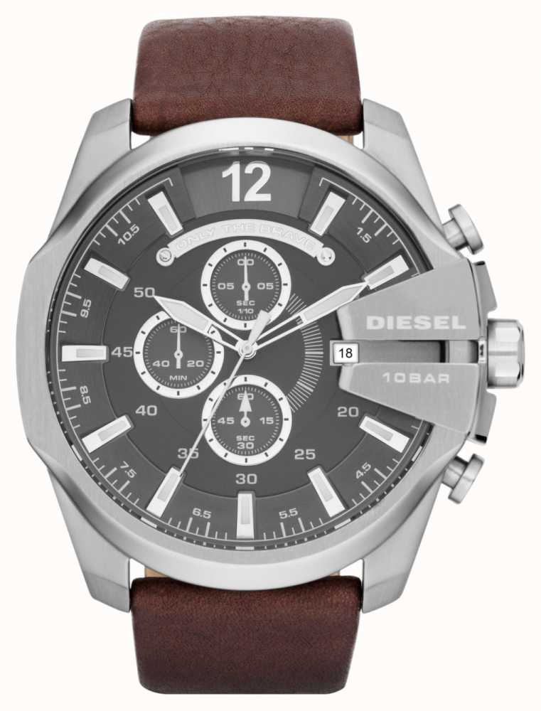 Diesel Men's Mega Chief Grey Dial Brown Leather Strap Chronograph