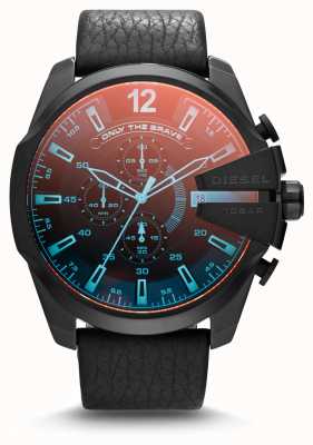 Diesel Men's Mega Chief Black IP Steel Black Leather Iridescent Watch DZ4323