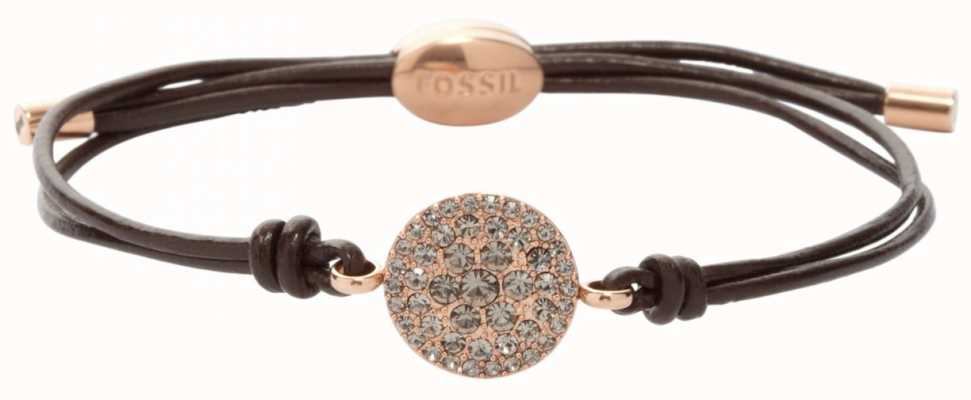 Fossil Women's Leather PVD Rose Gold Plated Stone Set Bracelet JF00118791
