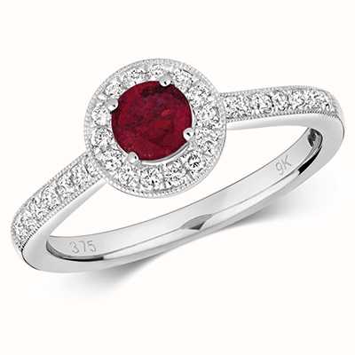 James Moore TH 9k White Gold Round Ruby Diamond Cluster Ring RD414WR