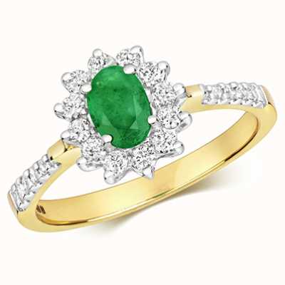 James Moore TH 9ct Yellow Gold Diamond Emerald Oval Cluster Ring RD502EM