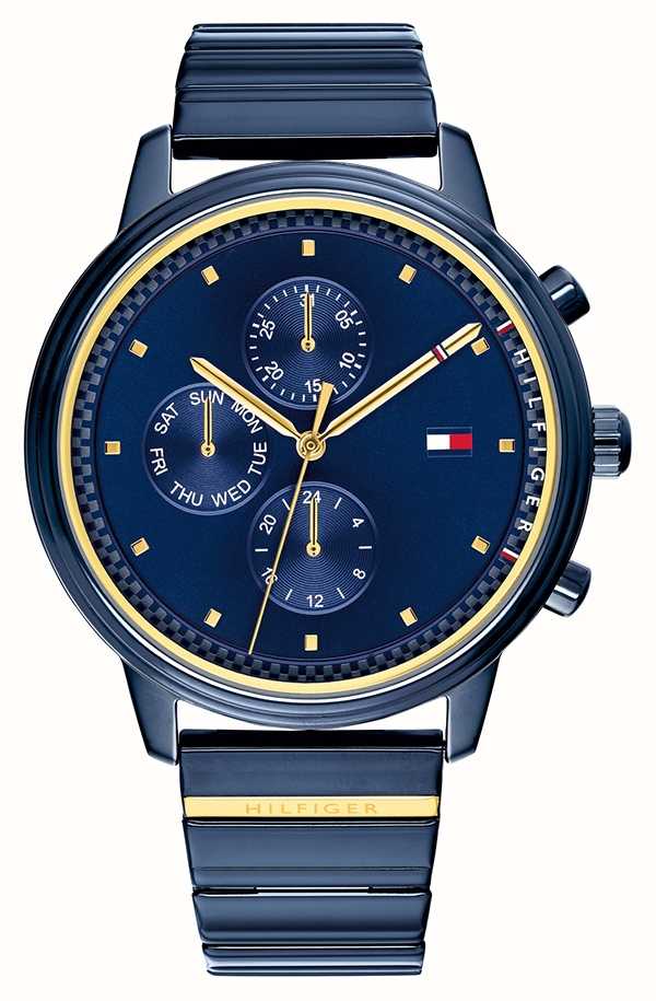 tommy hilfiger men's grey ip blue dial bracelet watch