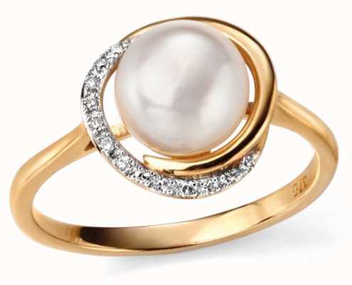 Elements Gold 9k Yellow Gold Diamond Pearl Ring GR503W