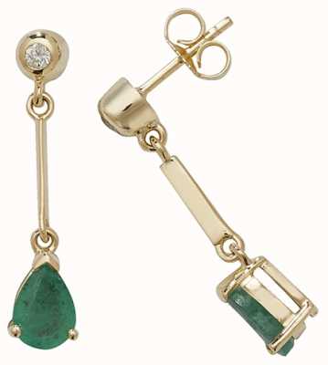 James Moore TH 9k Yellow Gold Emerald Diamond Pear Drop Earrings ED246E