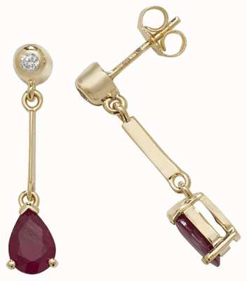 James Moore TH 9k Yellow Gold Ruby Diamond Pear Drop Earrings ED246R