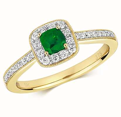 James Moore TH 9k Yellow Gold Emerald Diamond Cushion Ring RD412E