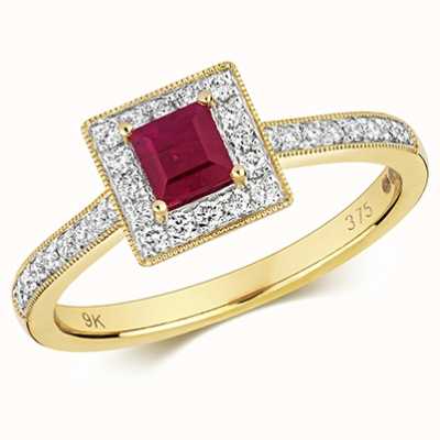 James Moore TH 9k Yellow Gold Ruby Diamond Square Ring RD413R