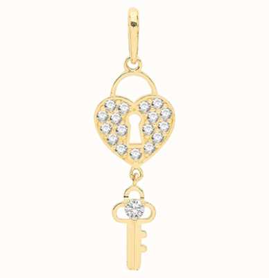 James Moore TH 9ct Yellow Gold Cubic Zirconia Heart Lock And Key Pendant Only PN1126