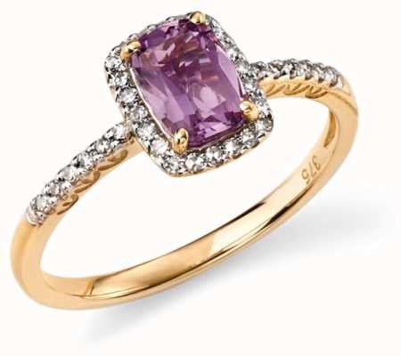 Elements Gold 9ct Yellow Gold Diamond And Amethyst Cushion Ring GR281M 52
