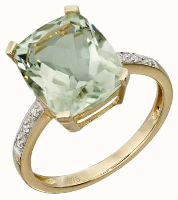 Elements Gold 9ct Yellow Gold Green Amethyst And Diamond Cocktail Ring SizeEU 56 (UK O1/2- P) GR543G 56