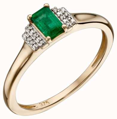 Elements Gold 9ct Yellow Gold Emerald And Diamond Deco Ring Size EU 56 (UK O 1/2 - P) GR567G 56