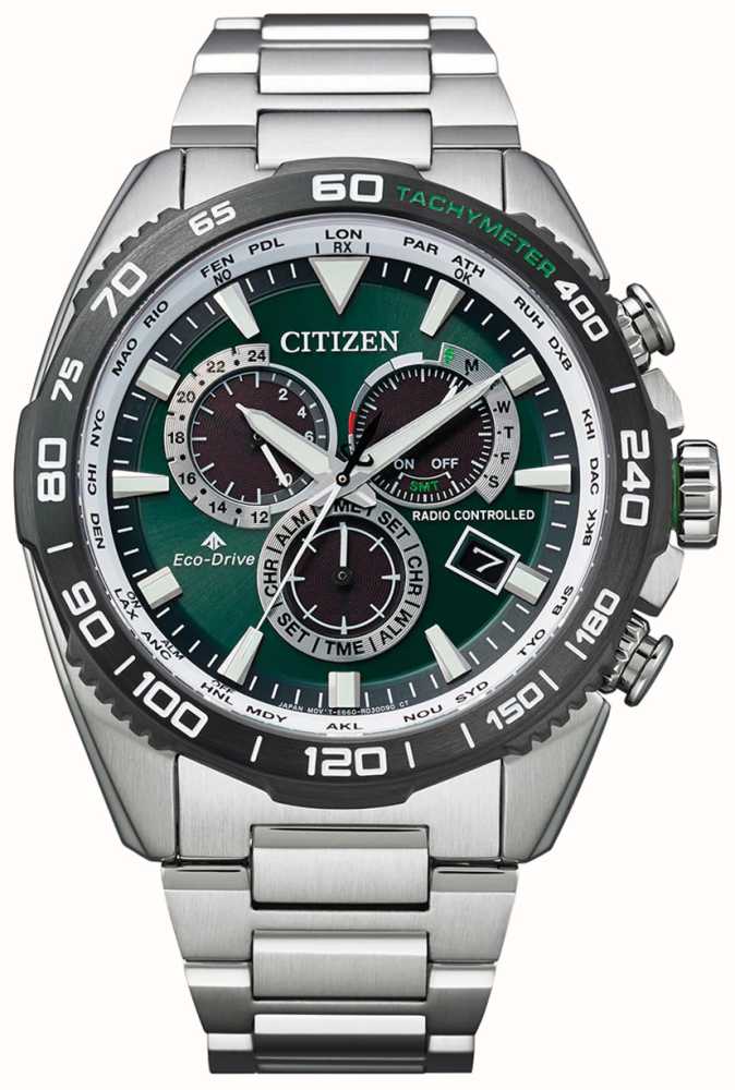 Citizen Promaster Land Perpetual Chrono A-T Green Dial / Stainless Steel  CB5034-91W