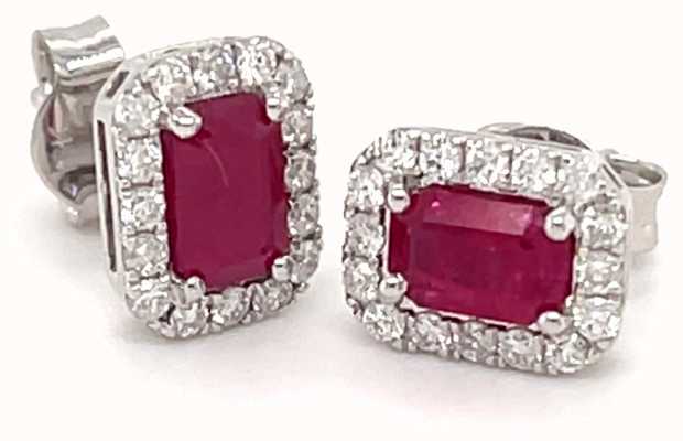 18ct White Gold Emerald Cut Ruby Diamond Cluster Studs 1.40ct Total SE4077