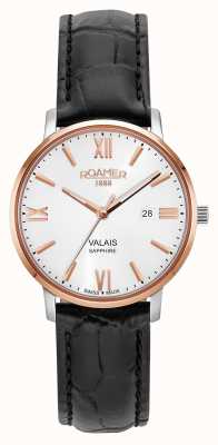 Roamer Valais Ladies Silver Dial With Rose Gold Batons Black Leather Strap 958844 49 13 05