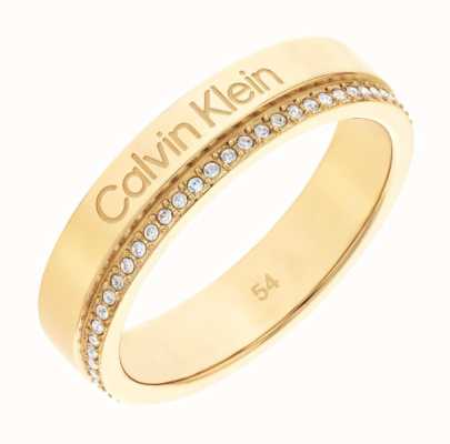 Calvin Klein Minimal Linear Gold Tone Stainless Steel Crystal Set Ring (Size 52) 35000201B