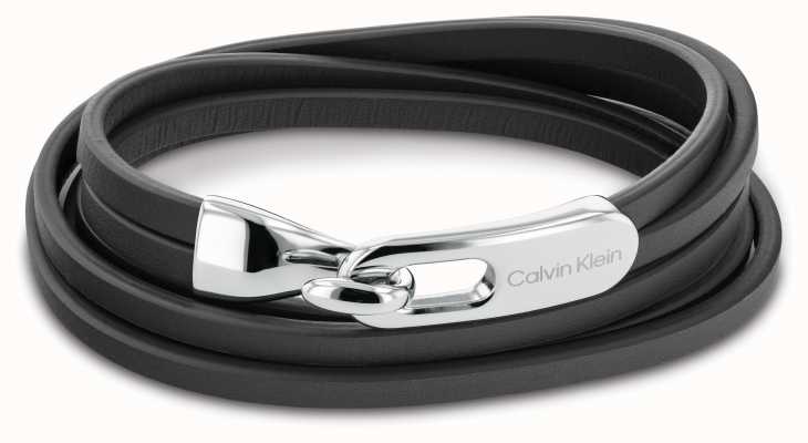 Calvin Klein Contemporary Black Leather and Stainless Steel Wraparound Bracelet 35000109