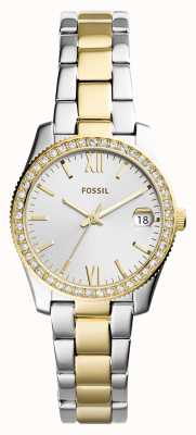 Fossil Women's Scarlette Mini | Silver Dial | Crystal Set | Two Tone Bracelet ES4319