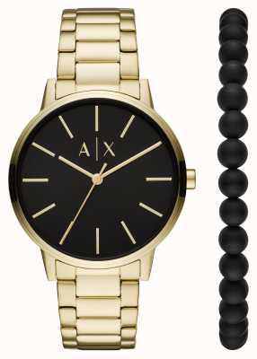 Armani Exchange Men's Watch and Bracelet Giftset | Gold Stainless Steel Watch | Black Beaded Bracelet AX7119