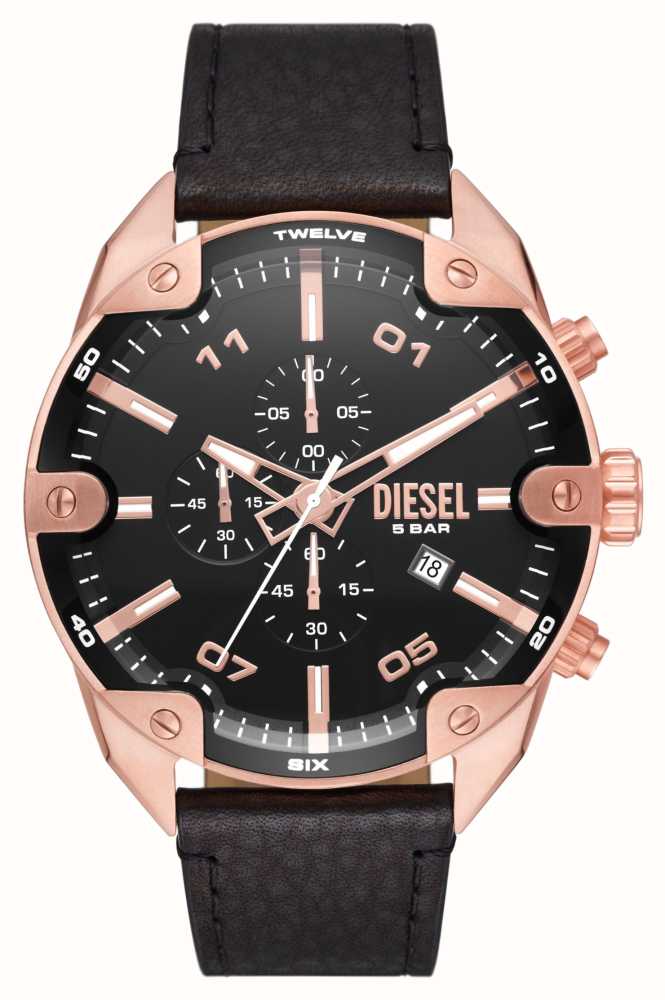 Diesel Spiked Rose Gold Black Leather Watch DZ4607 First Class